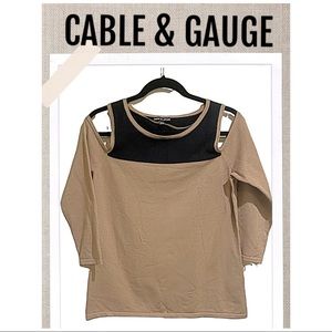 Cable & Gauge Top Knit Cutout Of-the-shoulder Metallic Tan & Black Top Size M